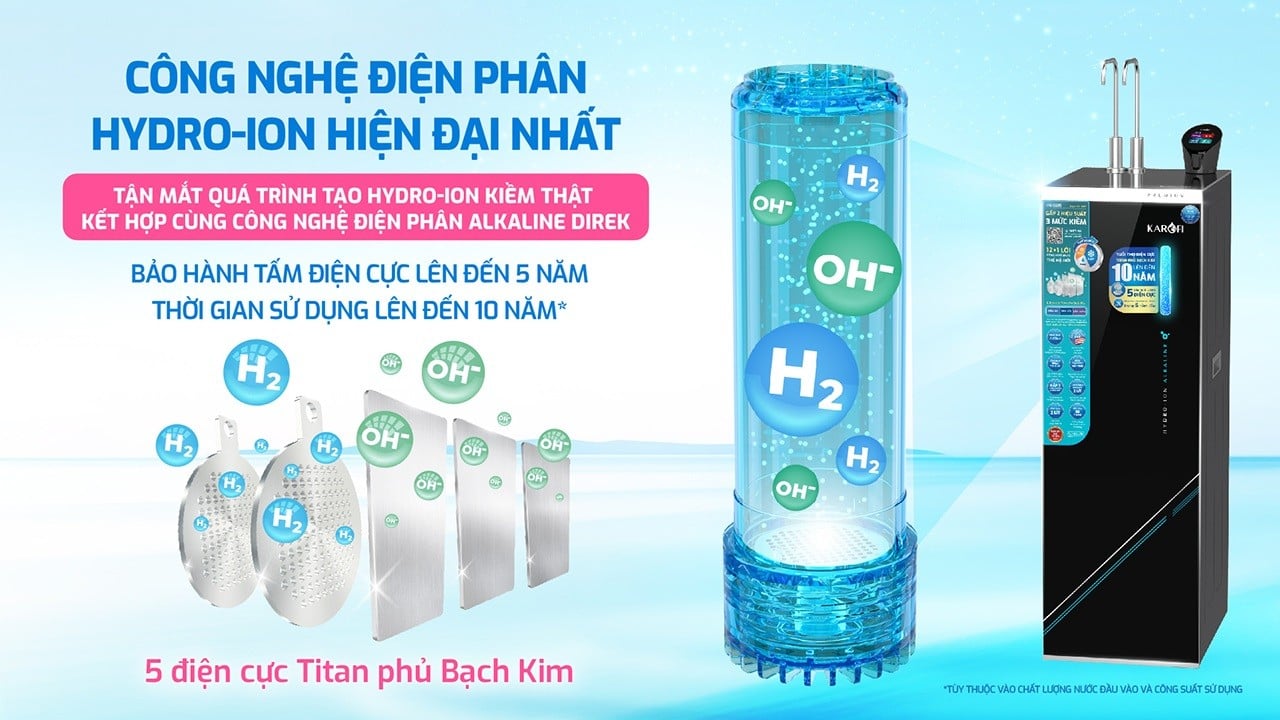 Karofi S695 sở hữu 5 tấm điện cực Titan phủ Bạch Kim, tạo ra nước kiềm 3 mức pH 8.5 - 9.5. Ảnh: Karofi.