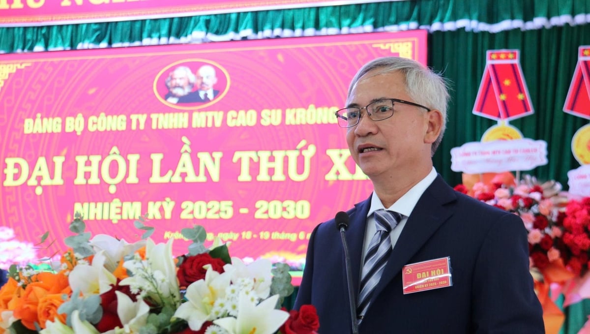 Ông Hoàng Văn Nhơn, Bí thư Đảng ủy, Tổng Giám đốc Công ty Cao su Krông Búk phát biểu tại đại hội. Ảnh: Ngọc Thăng. Ông Hoàng Văn Nhơn, Bí thư Đảng ủy, Tổng Giám đốc Công ty Cao su Krông Búk phát biểu tại đại hội. Ảnh: Ngọc Thăng.