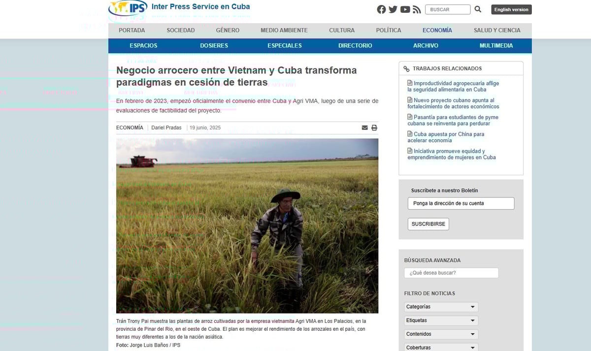 Bài viết 'Hợp tác lúa gạo với Việt Nam thay đổi mô hình nhượng quyền đất đai của Cuba' đăng tải ngày 19/6. Bài viết 'Hợp tác lúa gạo với Việt Nam thay đổi mô hình nhượng quyền đất đai của Cuba' đăng tải ngày 19/6.