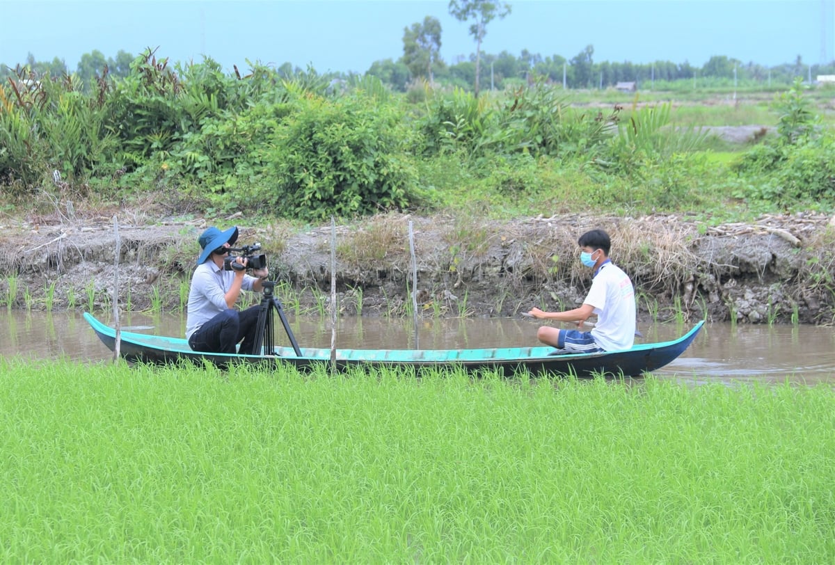 Phóng viên tác nghiệp trên đồng ruộng Đồng Tháp. Ảnh: Phạm Hiếu. Phóng viên tác nghiệp trên đồng ruộng Đồng Tháp. Ảnh: Phạm Hiếu.