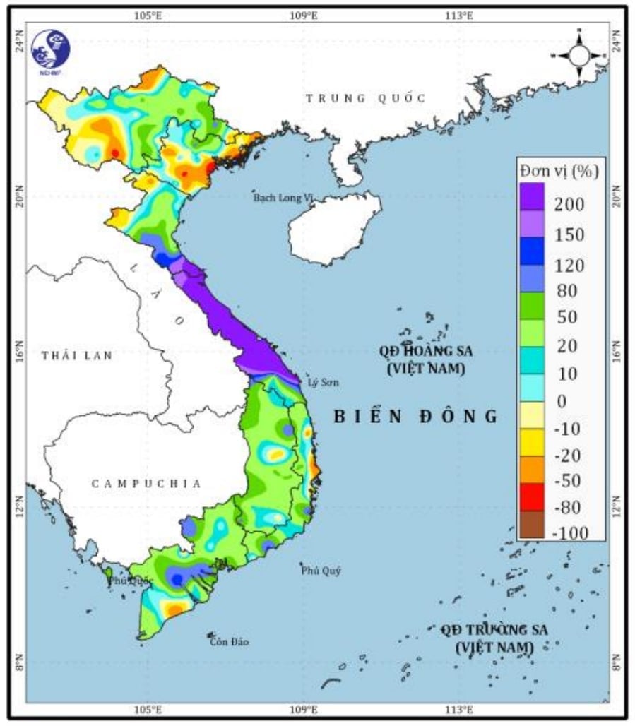 Vùng màu tím - khu vực từ Hà Tĩnh đến Quảng Nam có tổng lượng mưa trong 1 tháng qua cao hơn 300-600%. Ảnh: TTDBKTTVQG. Vùng màu tím - khu vực từ Hà Tĩnh đến Quảng Nam có tổng lượng mưa trong 1 tháng qua cao hơn 300-600%. Ảnh: TTDBKTTVQG.