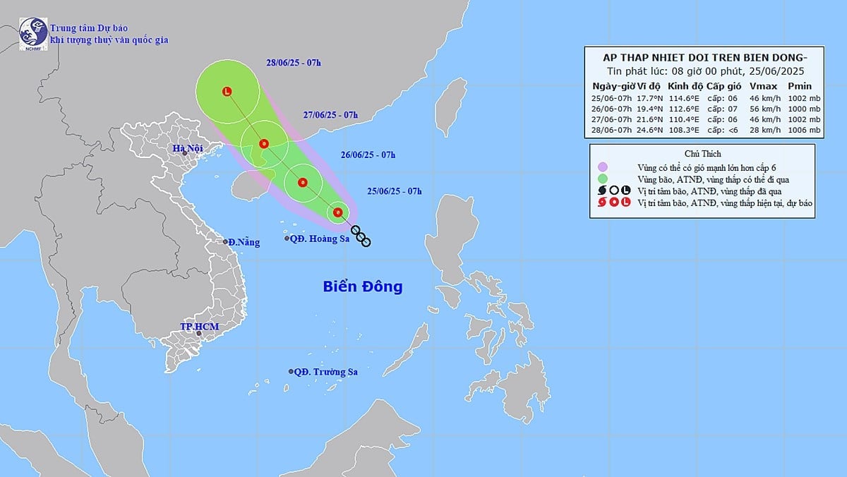 Bản đồ dự báo quỹ đạo và cường độ áp thấp nhiệt đới lúc 8h ngày 25/6/2025. Ảnh: TT KTTV Quốc gia Bản đồ dự báo quỹ đạo và cường độ áp thấp nhiệt đới lúc 8h ngày 25/6/2025. Ảnh: TT KTTV Quốc gia