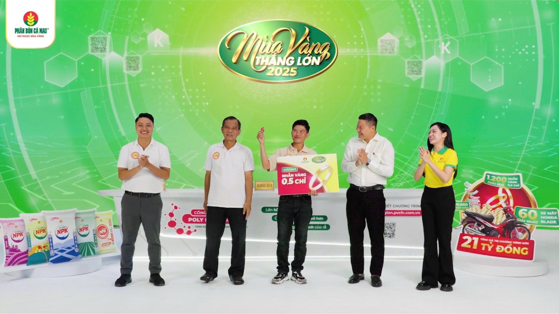 Phân Bón Cà Mau trực tiếp trao giải Nhì - nhẫn vàng 0,5 chỉ 99,99 cho nông dân trúng giải tại livestream quay số Mùa Vàng Thắng Lớn 2025 Phân Bón Cà Mau trực tiếp trao giải Nhì - nhẫn vàng 0,5 chỉ 99,99 cho nông dân trúng giải tại livestream quay số Mùa Vàng Thắng Lớn 2025
