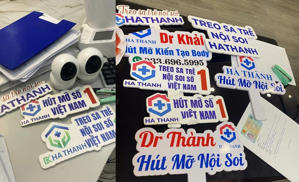 Các biển quảng cáo, dụng cụ và tài liệu thu giữ tại cơ sở thẩm mỹ HT CLINIC. Ảnh: CAHN. Các biển quảng cáo, dụng cụ và tài liệu thu giữ tại cơ sở thẩm mỹ HT CLINIC. Ảnh: CAHN.
