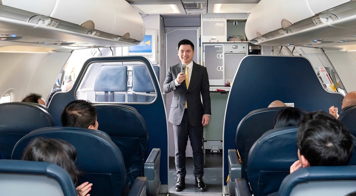Ông Đỗ Vinh Quang, Chủ tịch Vietravel Ailines phát biểu trên chiếc máy bay sở hữu riêng đầu tiên của hãng. Ảnh: TH. Ông Đỗ Vinh Quang, Chủ tịch Vietravel Ailines phát biểu trên chiếc máy bay sở hữu riêng đầu tiên của hãng. Ảnh: TH.