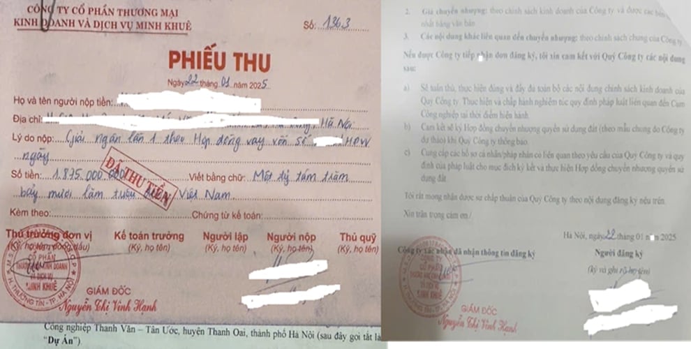 Phiếu thu, hợp đồng vay vốn và đơn đăng ký, đều có dấu đỏ và chữ ký của Giám đốc Nguyễn Thị Vinh Hạnh của Công ty Minh Khuê. Ảnh: Bảo Hà. Phiếu thu, hợp đồng vay vốn và đơn đăng ký, đều có dấu đỏ và chữ ký của Giám đốc Nguyễn Thị Vinh Hạnh của Công ty Minh Khuê. Ảnh: Bảo Hà.