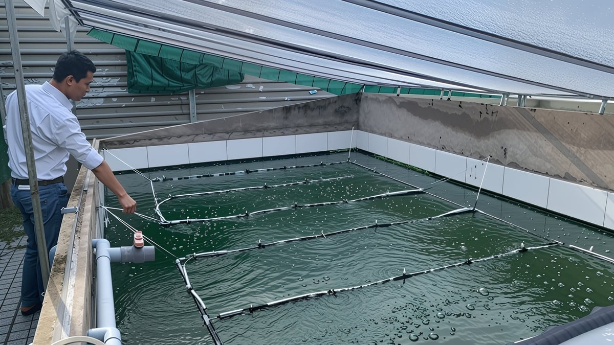 Anh Văn Hữu Tài kiểm tra bể nuôi tảo. Ảnh: Hồ Thảo. Anh Văn Hữu Tài kiểm tra bể nuôi tảo. Ảnh: Hồ Thảo.
