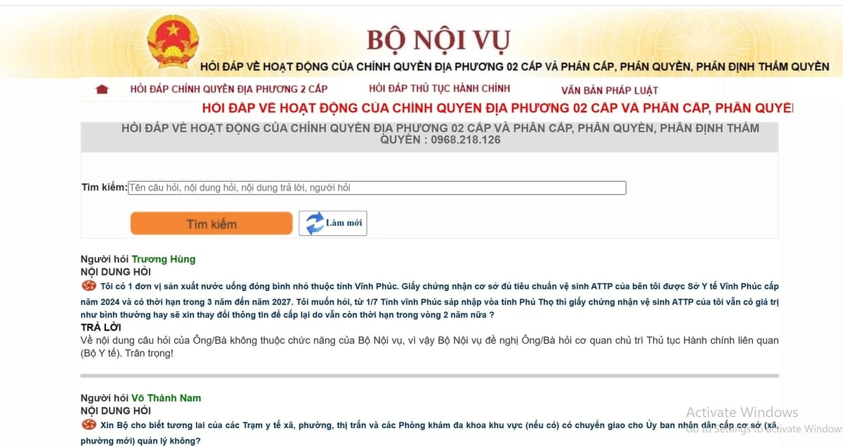 Chuyên mục 'Hỏi đáp về hoạt động của chính quyền địa phương 2 cấp và phân cấp, phân quyền, phân định thẩm quyền' được thiết lập trên Cổng thông tin điện tử của Bộ Nội vụ tại địa chỉ: moha.gov.vn. Ảnh: Chụp qua màn hình.