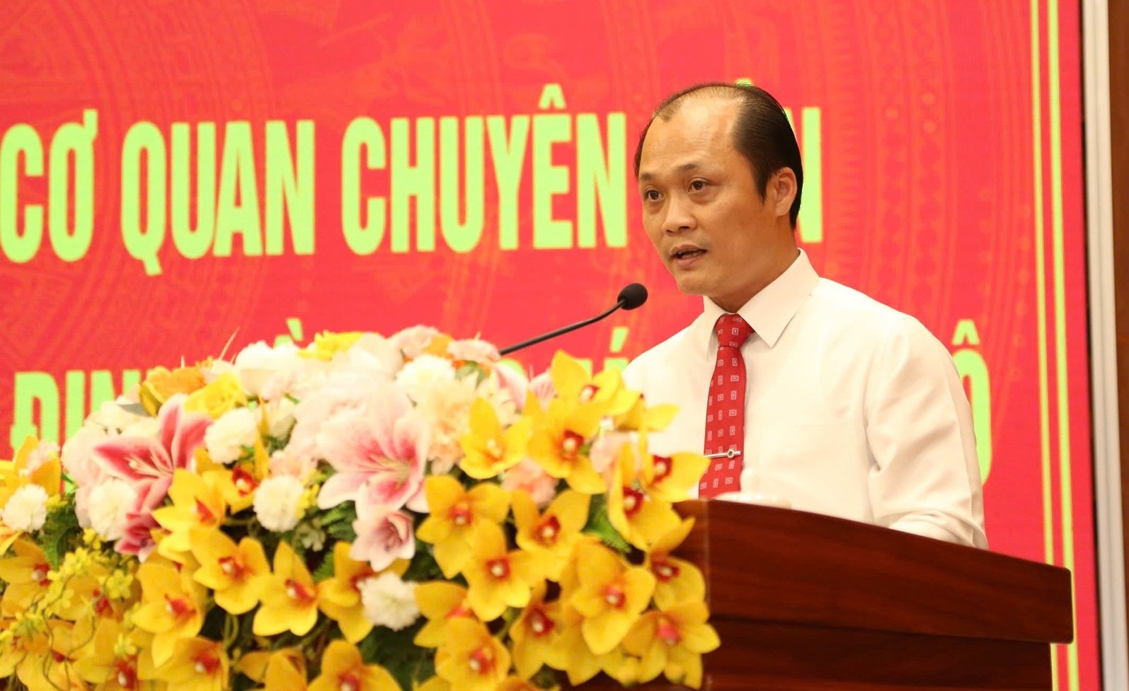 Giám đốc Sở Nông nghiệp và Môi trường tỉnh Đồng Nai, ông Nguyễn Tuấn Anh phát biểu nhận nhiệm vụ sau sáp nhập tỉnh. Ảnh: Hoàng Phúc.