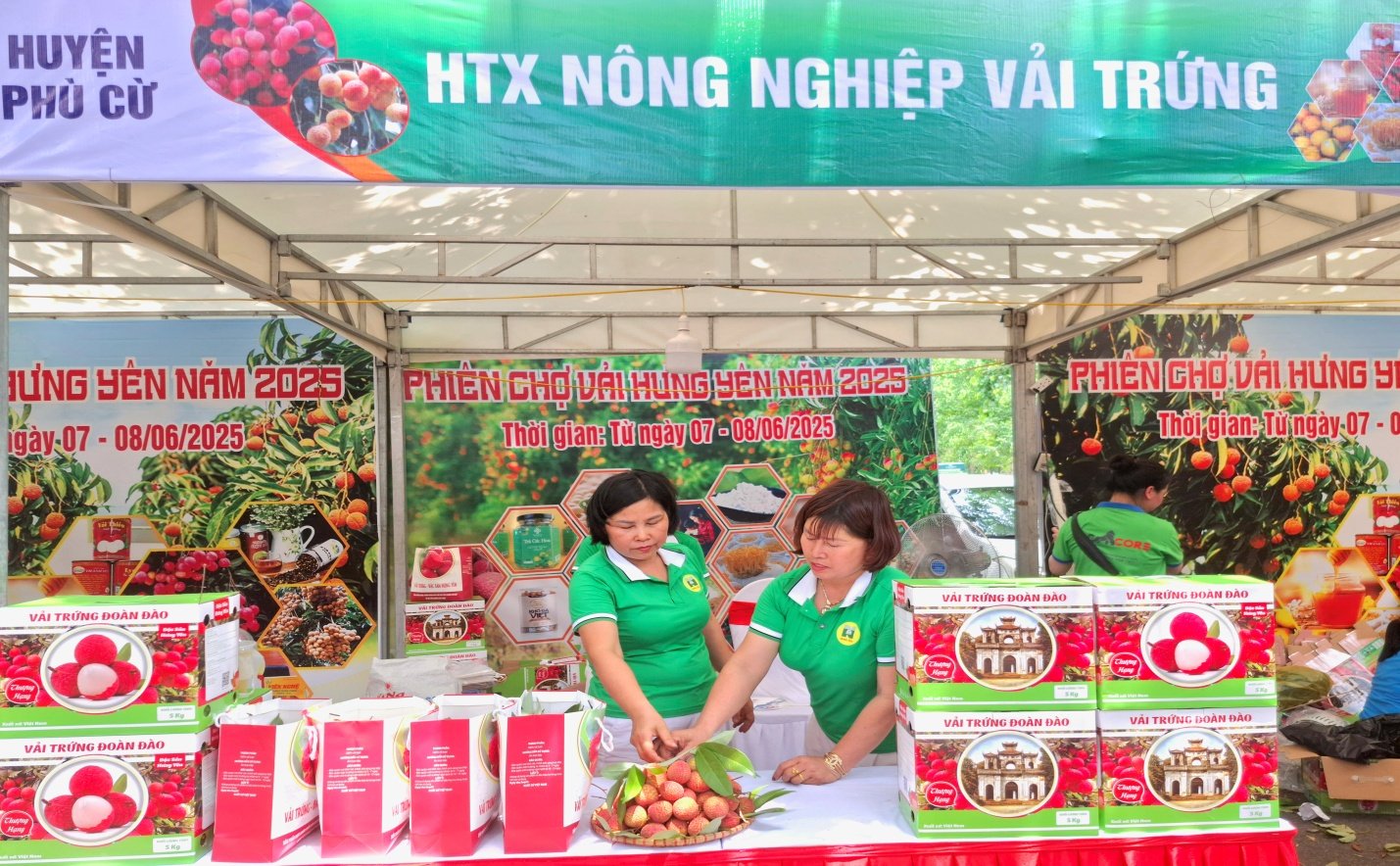 Gian hàng giới thiệu và bán sản phẩm của HTX Vải trứng Đoàn Đào trong phiên chợ vải Hưng Yên được tổ chức tại khu đô thị Ecopark (Hưng Yên). Ảnh: Lê Tấn.
