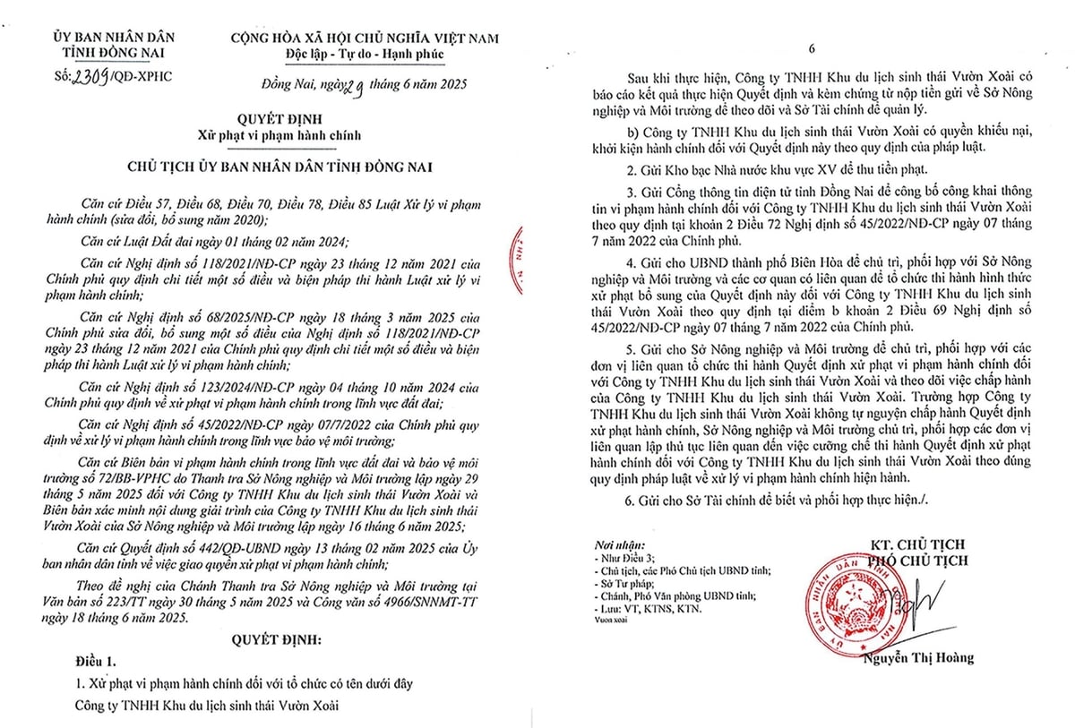 Quyết định xử phạt của UBND tỉnh Đồng Nai (cũ) đối với Công ty TNHH Khu du lịch sinh thái Vườn Xoài. Ảnh: Tường Tú.
