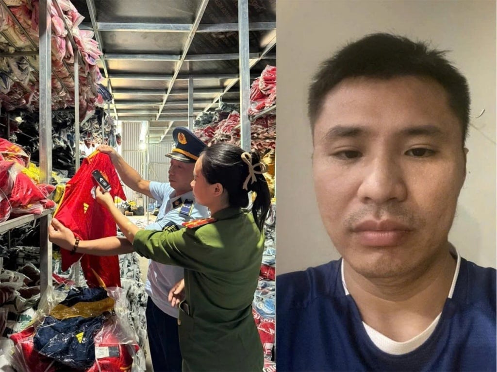 Đối tượng Nguyễn Văn Quang và số hàng giả mạo thương hiệu bị phát hiện. Ảnh: Chi Cục QLTT Hà Nội. 