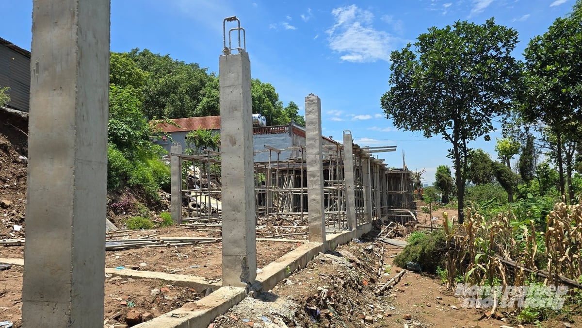 Hàng trăm cột bê tông được đổ trên khu vực đất bãi tạo lập một mặt bằng rộng hàng ngàn m2. Ảnh: Kiên Trung.