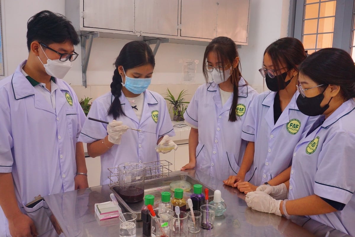 Sinh viên Trường Đại học Cửu Long thực hiện thí nghiệm tại Khoa Khoa học và Công nghệ. Ảnh: Hồ Thảo.