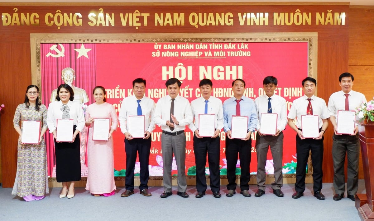 Giám đốc Sở NN-MT Nguyễn Minh Huấn trao quyết định cho các cán bộ phòng Tổ chức cán bộ và phòng Kế hoạch tài chính. Ảnh: Khánh Toàn. Giám đốc Sở NN-MT Nguyễn Minh Huấn trao quyết định cho các cán bộ phòng Tổ chức cán bộ và phòng Kế hoạch tài chính. Ảnh: Khánh Toàn.
