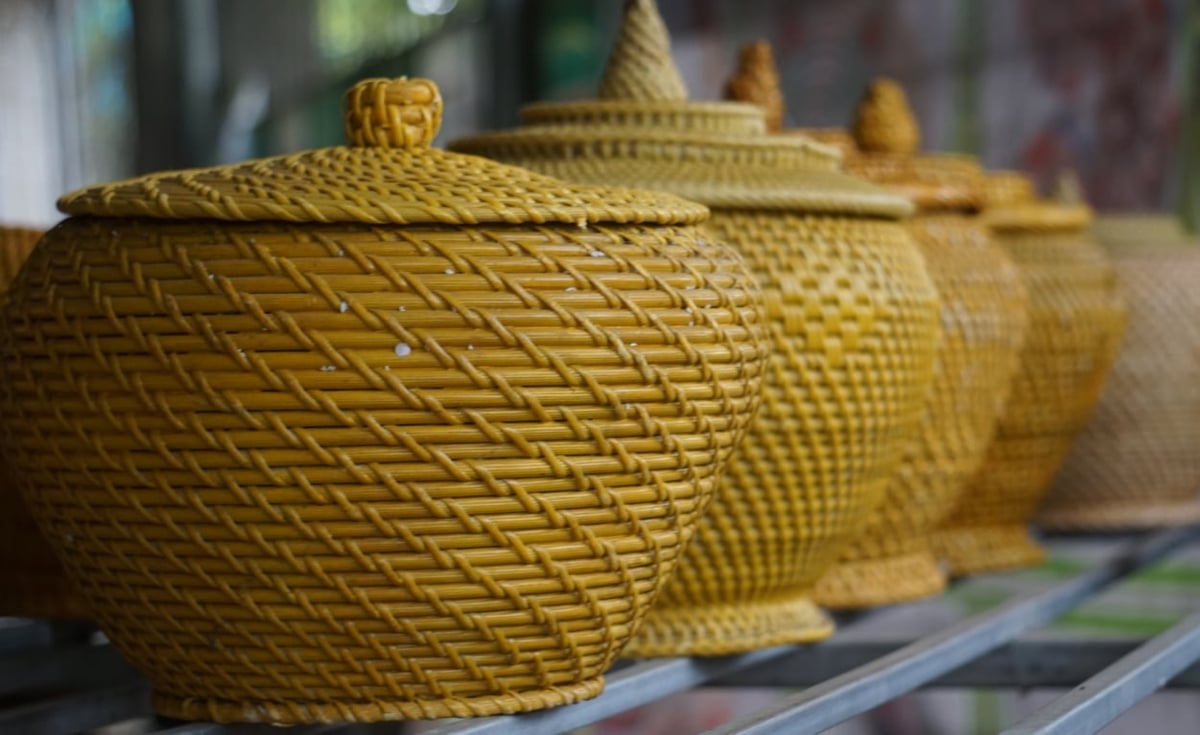 Giỏ đựng tích trà là sản phẩm làm nên thương hiệu của Hợp tác xã thủ công mỹ nghệ Tân Thọ. Ảnh: Quốc Toản. Giỏ đựng tích trà là sản phẩm làm nên thương hiệu của Hợp tác xã thủ công mỹ nghệ Tân Thọ. Ảnh: Quốc Toản.