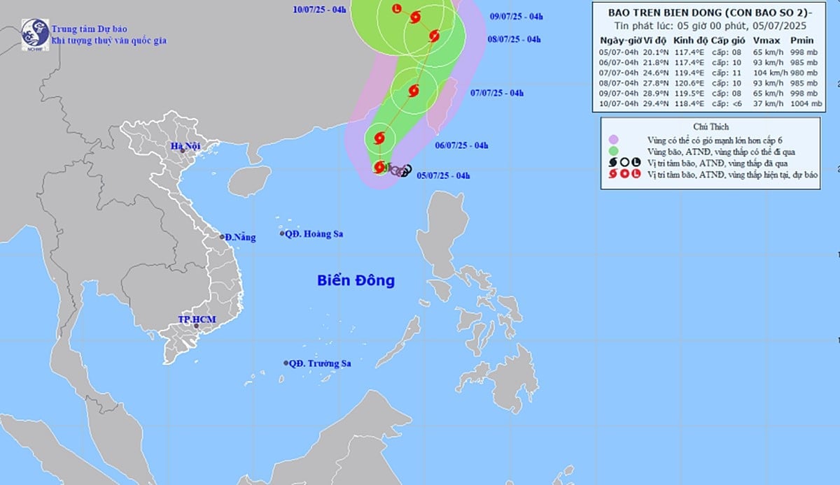 Dự báo hướng di chuyển của cơn bão số 2 năm 2025 trên biển Đông. Ảnh: Trung tâm KTTV Quốc gia Dự báo hướng di chuyển của cơn bão số 2 năm 2025 trên biển Đông. Ảnh: Trung tâm KTTV Quốc gia