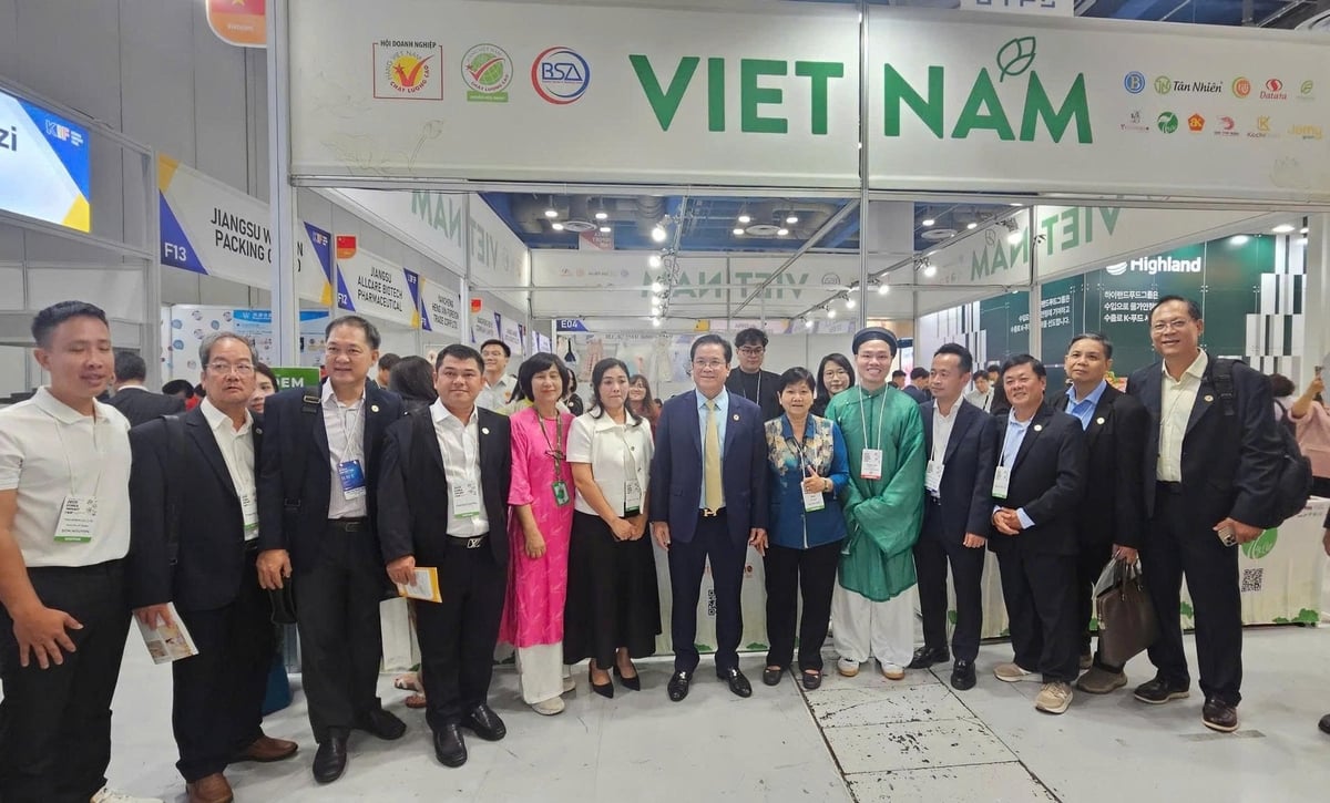 Gian hàng Việt Nam tại Hội chợ Nhập khẩu Hàn Quốc KIF 2025 đón tiếp ông Phạm Khắc Tuyên, Tham tán Thương mại Việt Nam tại Hàn Quốc (đứng giữa) cùng đoàn công tác từ Tập đoàn Công nghiệp Cao su Việt Nam. Ảnh: Trần Quỳnh. Gian hàng Việt Nam tại Hội chợ Nhập khẩu Hàn Quốc KIF 2025 đón tiếp ông Phạm Khắc Tuyên, Tham tán Thương mại Việt Nam tại Hàn Quốc (đứng giữa) cùng đoàn công tác từ Tập đoàn Công nghiệp Cao su Việt Nam. Ảnh: Trần Quỳnh.