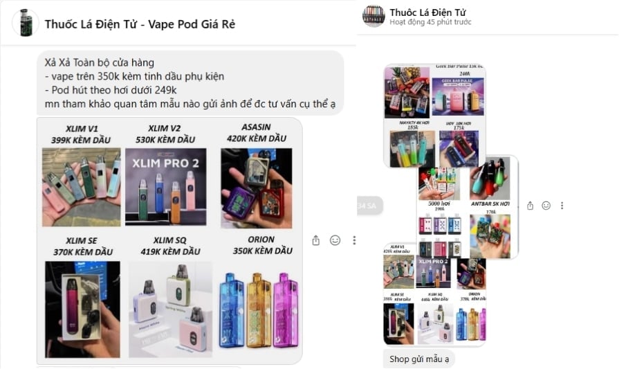 Thuốc lá điện tử với nhiều mẫu mã vẫn được bán trên mạng xã hội Facebook. Ảnh: Chụp từ Facebook. Thuốc lá điện tử với nhiều mẫu mã vẫn được bán trên mạng xã hội Facebook. Ảnh: Chụp từ Facebook.