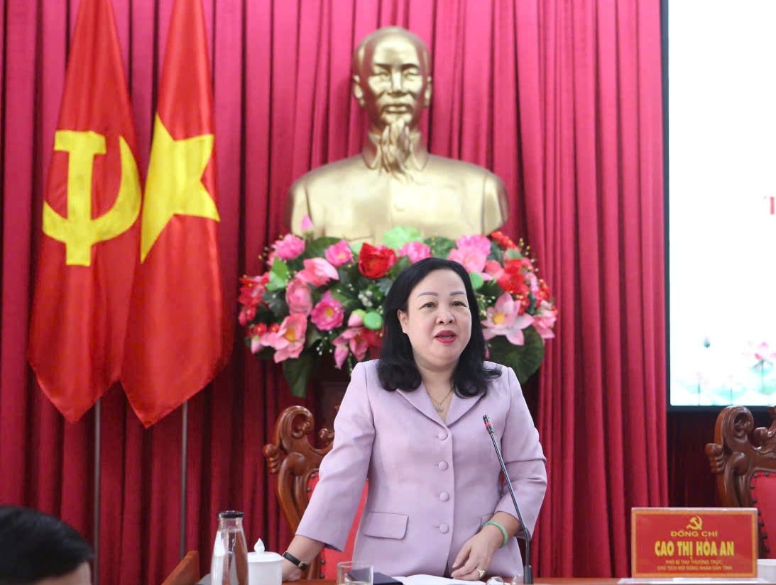 Bà Cao Thị Hòa An, Phó Bí thư thường trực, Chủ tịch Hội đồng Nhân dân tỉnh Đắk Lắk phát biểu tại hội nghị. Ảnh: T.T. Bà Cao Thị Hòa An, Phó Bí thư thường trực, Chủ tịch Hội đồng Nhân dân tỉnh Đắk Lắk phát biểu tại hội nghị. Ảnh: T.T.