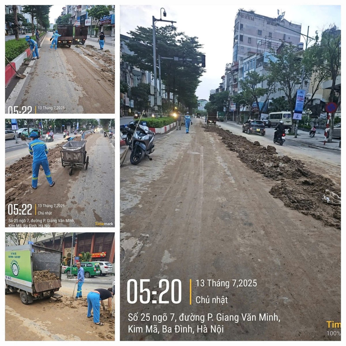 Mặc đù đơn vị đã huy động hàng chục công nhân và phương tiện nhưng lượng đất đổ dày, trên một quãng dài nên công nhân phải mất hàng tiếng đồng hồ để dọn dẹp. Ảnh: Công nhân Urenco Chi nhánh Ba Đình cung cấp. Mặc đù đơn vị đã huy động hàng chục công nhân và phương tiện nhưng lượng đất đổ dày, trên một quãng dài nên công nhân phải mất hàng tiếng đồng hồ để dọn dẹp. Ảnh: Công nhân Urenco Chi nhánh Ba Đình cung cấp.