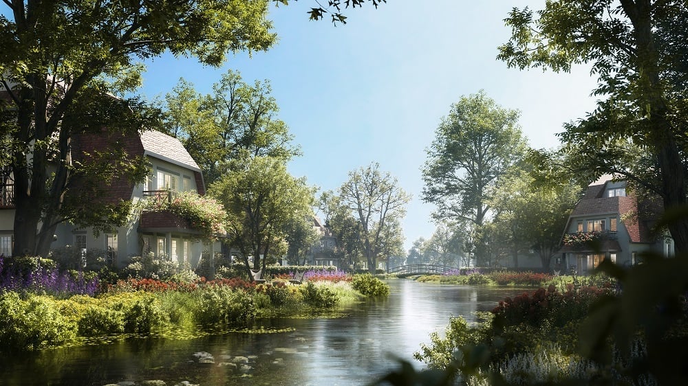 Những con sông uốn lượn bao quanh mỗi biệt thự Đảo Châu Âu. Ảnh: Tập đoàn Ecopark. Những con sông uốn lượn bao quanh mỗi biệt thự Đảo Châu Âu. Ảnh: Tập đoàn Ecopark.