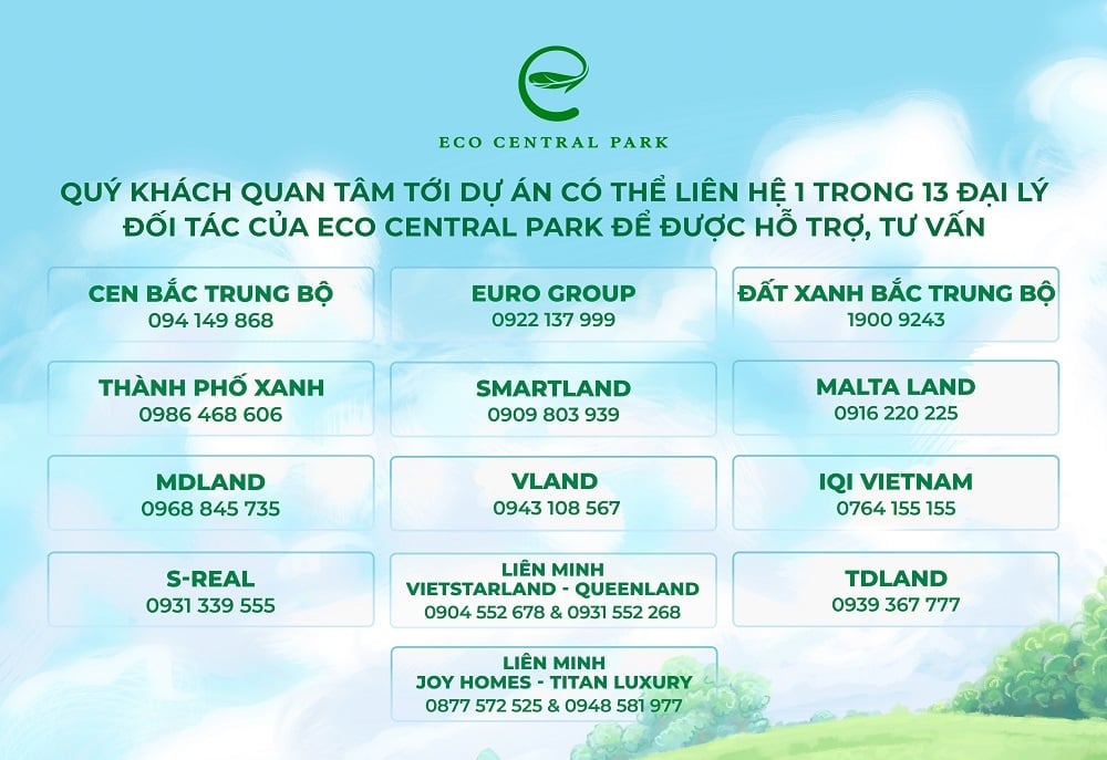 Khách hàng quan tâm dự án có thể liên hệ một trong các đại lý chính thức của Eco Central Park để được tư vấn, hỗ trợ. Khách hàng quan tâm dự án có thể liên hệ một trong các đại lý chính thức của Eco Central Park để được tư vấn, hỗ trợ.