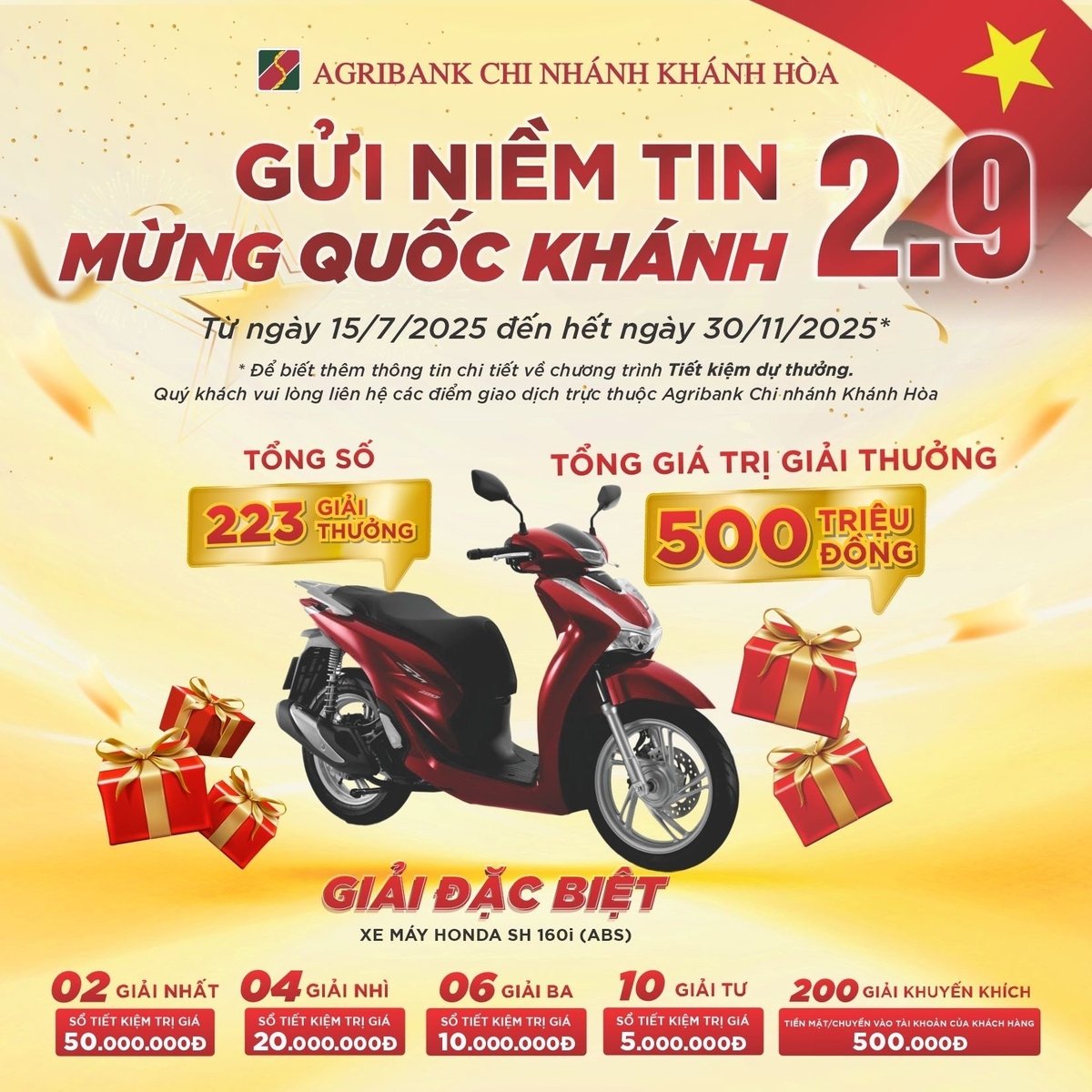 Giải đặc biệt của chương trình tiết kiệm dự thưởng ‘Gửi niềm tin - Mừng Quốc khánh’ là xe máy Honda SH 160i (ABS) màu đỏ bản tiêu chuẩn trị giá 110 triệu đồng. Ảnh: Phương Nga. Giải đặc biệt của chương trình tiết kiệm dự thưởng ‘Gửi niềm tin - Mừng Quốc khánh’ là xe máy Honda SH 160i (ABS) màu đỏ bản tiêu chuẩn trị giá 110 triệu đồng. Ảnh: Phương Nga.