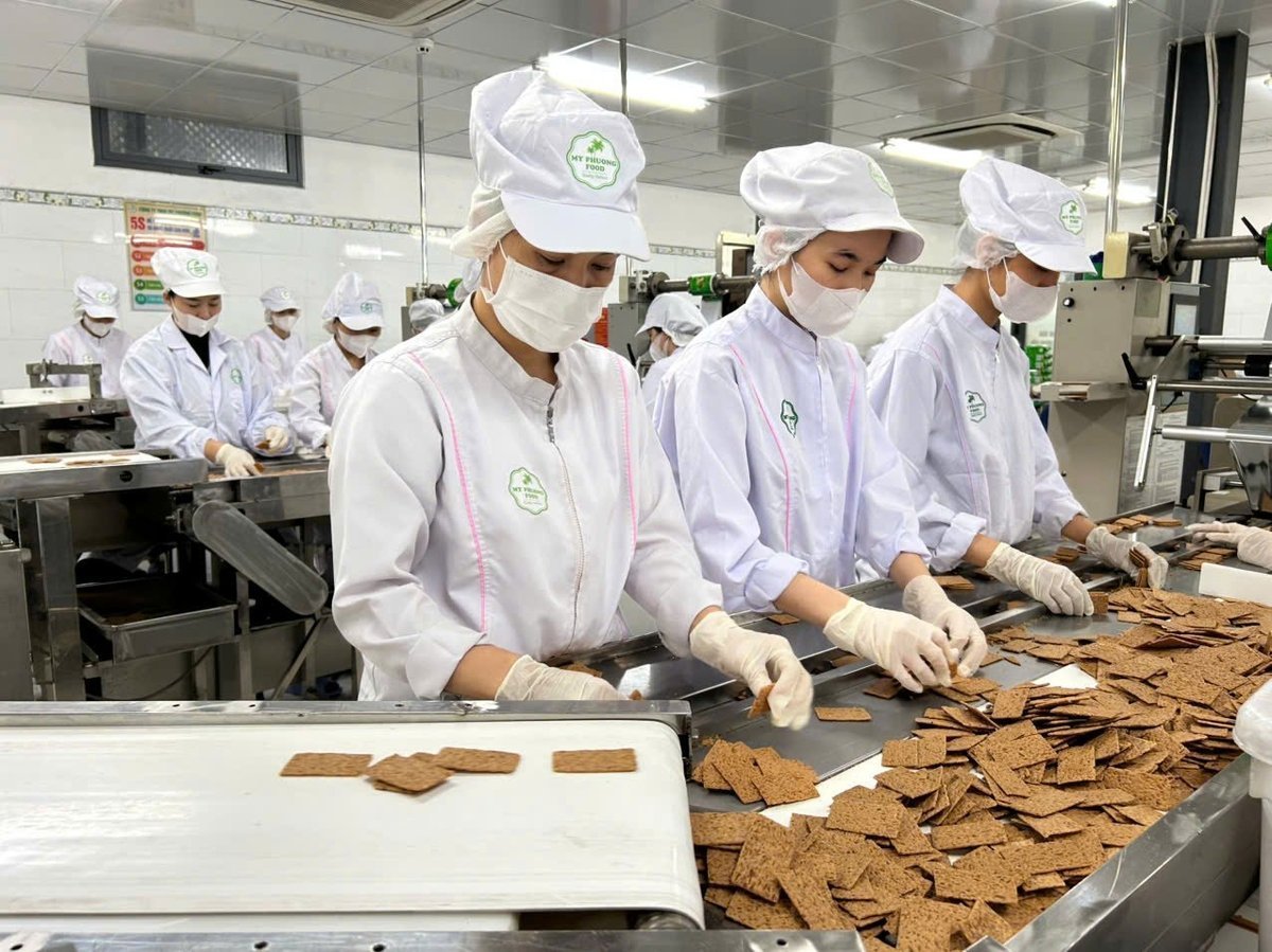 The baked coconut cake production facility of My Phuong Food Company is bustling with preparations for export orders. Photo: Lan Anh.