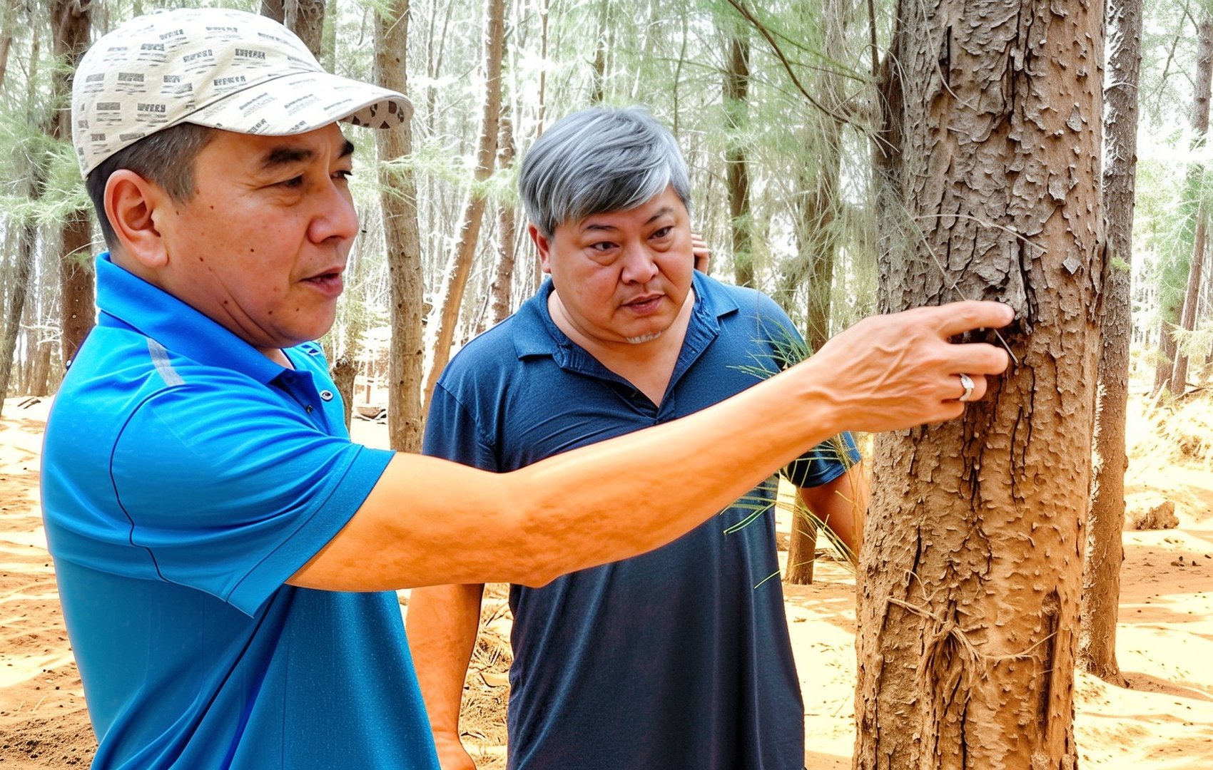Ông Phan Minh Hùng giải thích với khách tham quan về tuổi của cây phi lao. Ảnh: Hồ Thảo.
