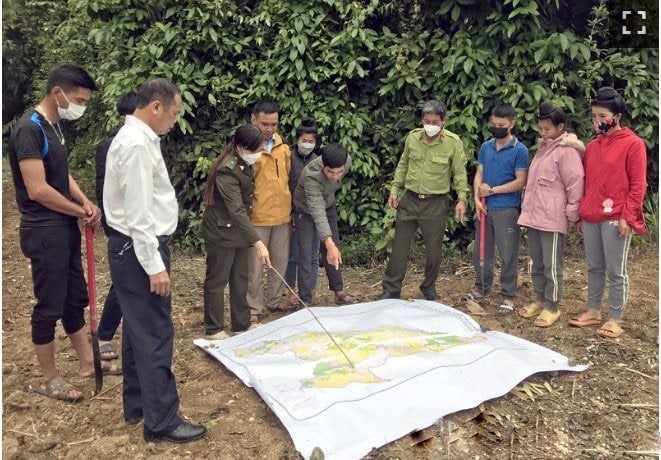 Tổ công tác giao đất, giao rừng tỉnh Điện Biên xác định ranh giới rừng trên bản đồ. Ảnh: Trần Hương. Tổ công tác giao đất, giao rừng tỉnh Điện Biên xác định ranh giới rừng trên bản đồ. Ảnh: Trần Hương.