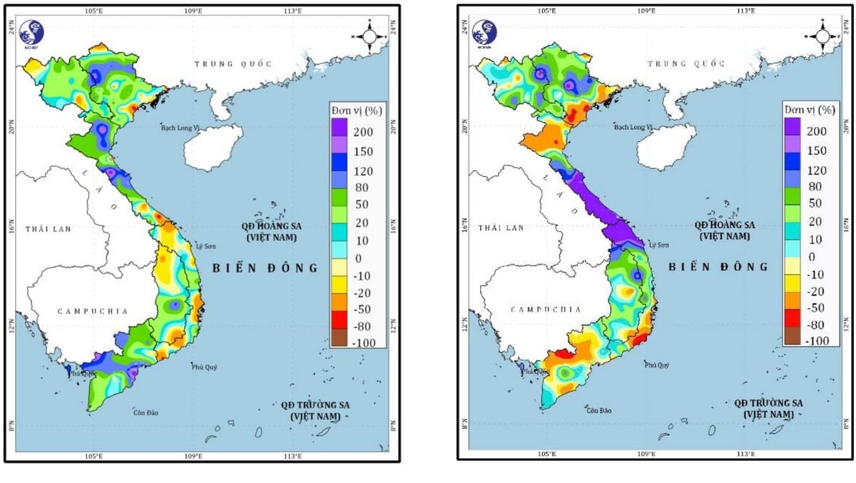 Lượng mưa tháng 5 (bản đồ bên trái) và lượng mưa tháng 6 (biểu đồ bên phải) phổ biến cao hơn cùng kỳ trung bình nhiều năm. Cá biệt các tỉnh từ Hà Tĩnh đến tỉnh Quảng Ngãi cao hơn từ 300- 600% trong tháng 6. Ảnh: TTDBKTTVQG. Lượng mưa tháng 5 (bản đồ bên trái) và lượng mưa tháng 6 (biểu đồ bên phải) phổ biến cao hơn cùng kỳ trung bình nhiều năm. Cá biệt các tỉnh từ Hà Tĩnh đến tỉnh Quảng Ngãi cao hơn từ 300- 600% trong tháng 6. Ảnh: TTDBKTTVQG.