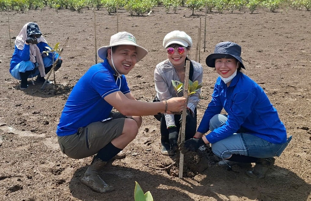 Cán bộ Viện Địa lý Nhân văn và Phát triển bền vững tham gia trồng rừng ngập mặn ở Vườn quốc gia Xuân Thủy. Ảnh: VQG Xuân Thủy. Cán bộ Viện Địa lý Nhân văn và Phát triển bền vững tham gia trồng rừng ngập mặn ở Vườn quốc gia Xuân Thủy. Ảnh: VQG Xuân Thủy.