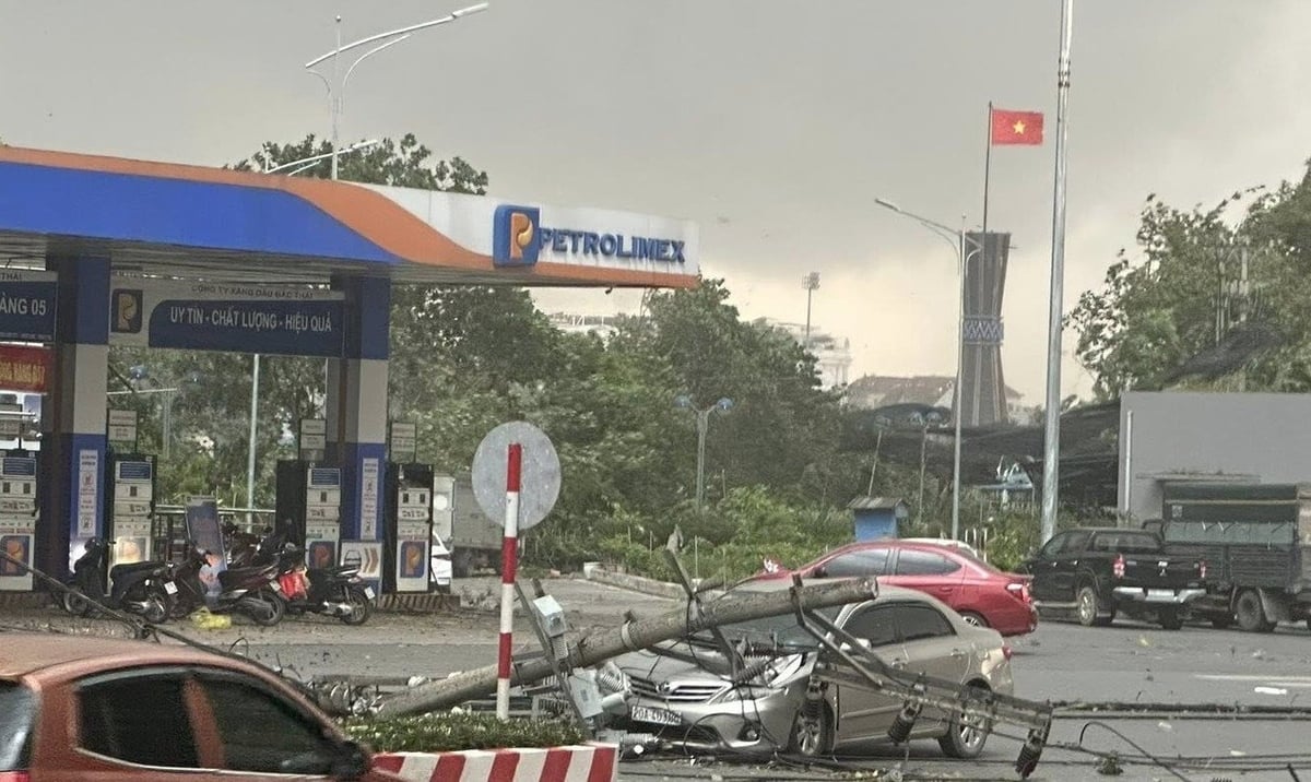 Chiếc ô tô không may bị cột điện đổ trúng khi đang lưu thông trên đường Bắc Kạn.
