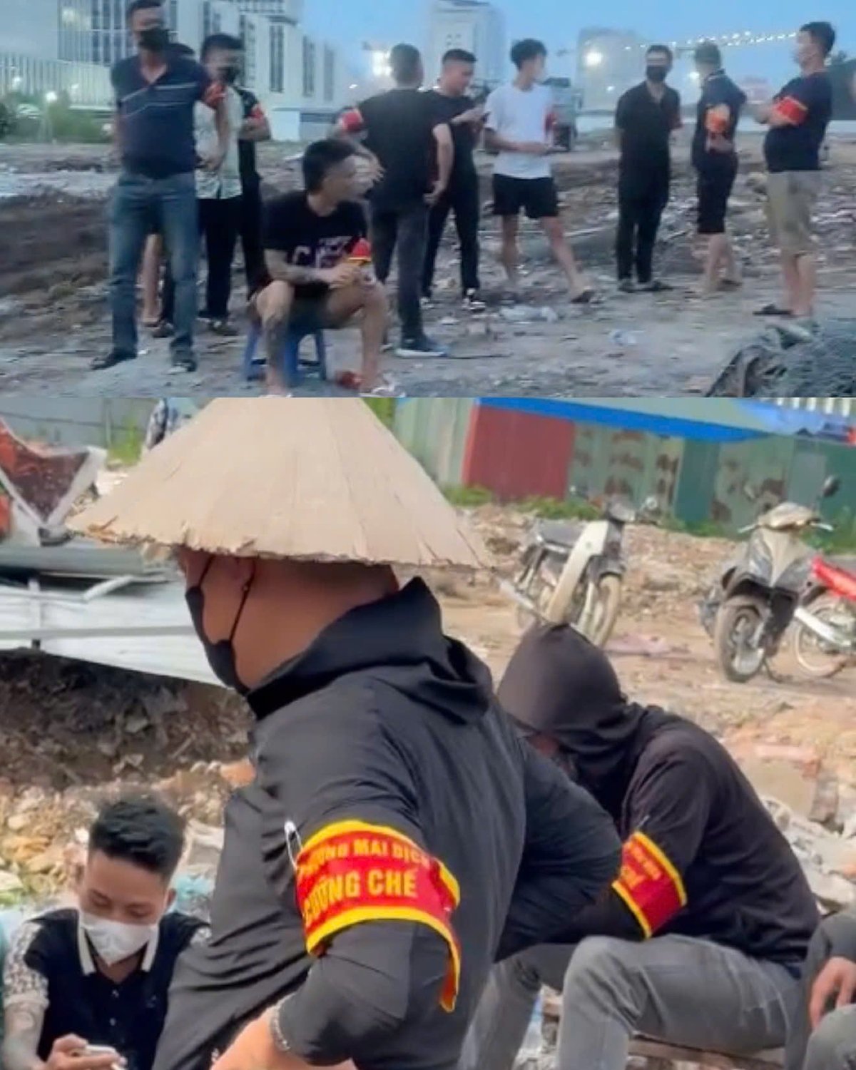Nhóm đối tượng xăm trổ, đeo băng rôn Ban cưỡng chế phường Mai Dịch. Ảnh: Người dân cung cấp. Nhóm đối tượng xăm trổ, đeo băng rôn Ban cưỡng chế phường Mai Dịch. Ảnh: Người dân cung cấp.