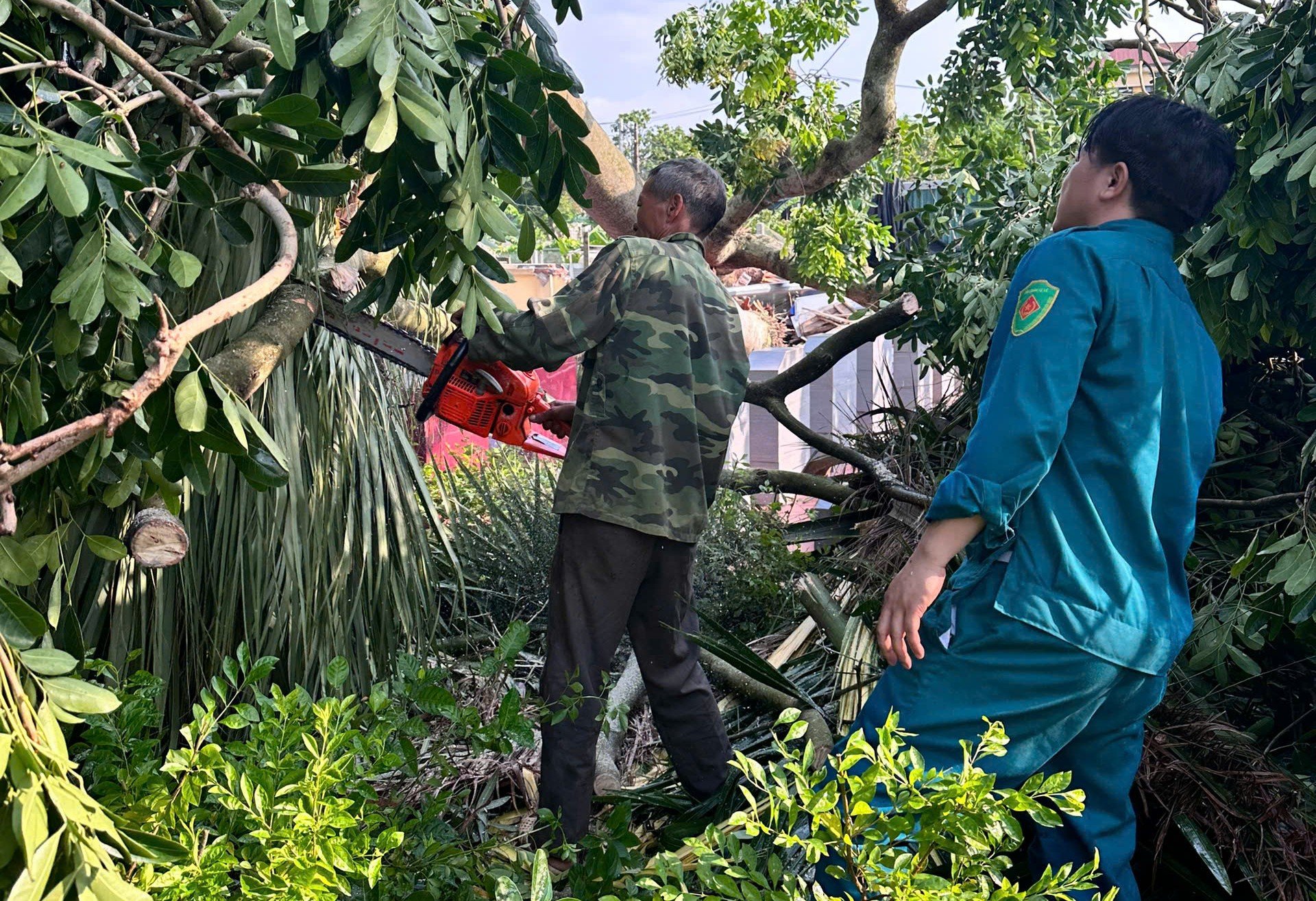 Các lực lượng khẩn trương dọn dẹp sau bão. Ảnh: Trung Nguyên.