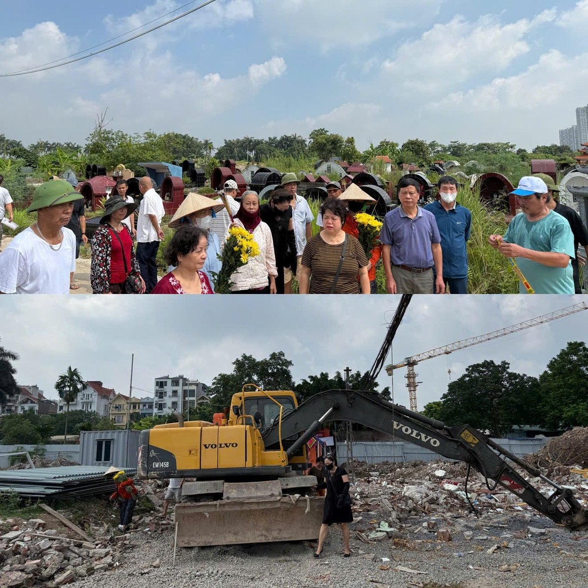 Người dân phải luồn lách qua chiếc máy xúc chắn ngang đường để vào nghĩa trang Trần Hưng. Ảnh: Cao Sơn. Người dân phải luồn lách qua chiếc máy xúc chắn ngang đường để vào nghĩa trang Trần Hưng. Ảnh: Cao Sơn.