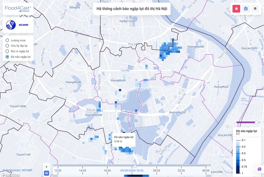 Minh hoạ cảnh báo ngập chi tiết khu vực nội thành Hà Nội từ hệ thống Flood4Cast ngày 9/9/2024. Ảnh: TTDBKTTVQG.