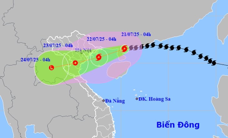 Dự báo vị trí và hướng di chuyển bão số 3 lúc 4h sáng nay 21/7. Ảnh: NCHMF. Dự báo vị trí và hướng di chuyển bão số 3 lúc 4h sáng nay 21/7. Ảnh: NCHMF.