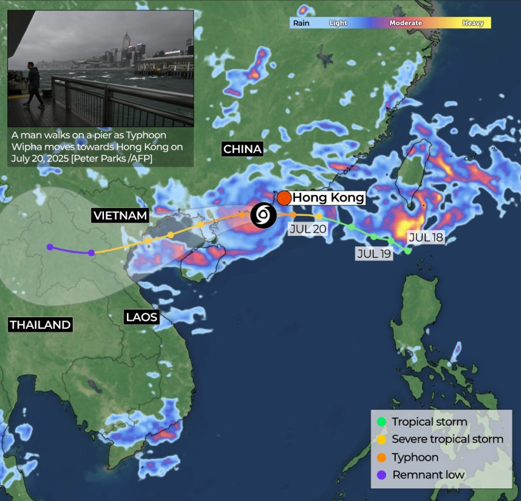 Sơ đồ hướng đi của bão Wipha. Ảnh: Al Jazeera. Sơ đồ hướng đi của bão Wipha. Ảnh: Al Jazeera.
