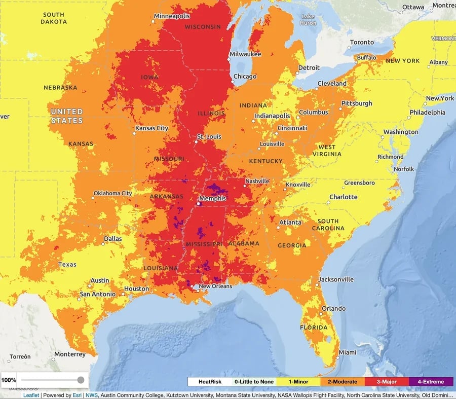 Dự báo HeatRisk (tạm dịch: Dự báo đánh giá mức độ rủi ro do nắng nóng) ngày 23/7/2025. Ảnh: NWS/NOAA. Dự báo HeatRisk (tạm dịch: Dự báo đánh giá mức độ rủi ro do nắng nóng) ngày 23/7/2025. Ảnh: NWS/NOAA.