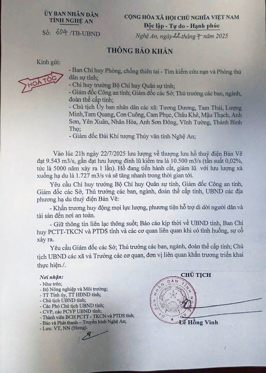 Thông báo khẩn số 604/TB-UBND ngày 22/7 của tỉnh Nghệ An.