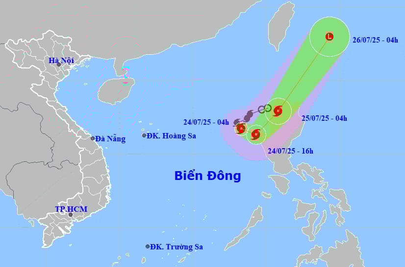 Dự báo đường đi của bão số 4 đến 5h sáng nay (24/7). Ảnh: Trung tâm Dự báo khí tượng thủy văn quốc gia. 