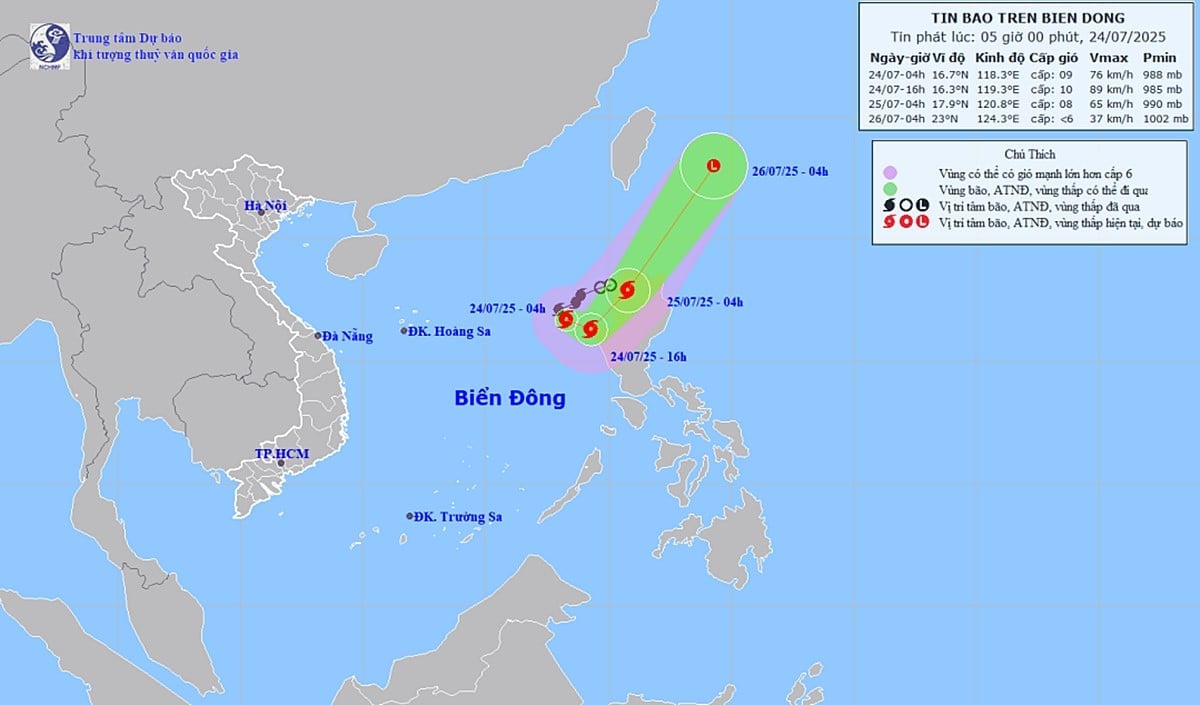 Dự báo hướng di chuyển của cơn bão số 4 năm 2025 trên Biển Đông. Ảnh: TT KTTV Quốc gia Dự báo hướng di chuyển của cơn bão số 4 năm 2025 trên Biển Đông. Ảnh: TT KTTV Quốc gia