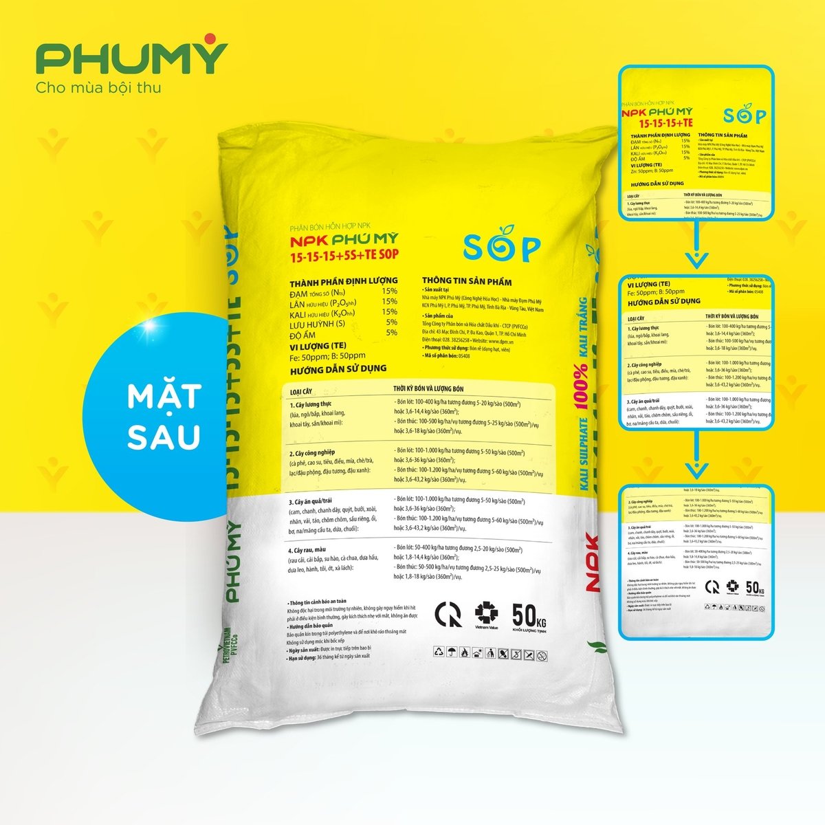 Mặt sau sản phẩm phân bón NPK Phú Mỹ 15-15-15+5S+TE SOP. Ảnh: Đức Trung. Mặt sau sản phẩm phân bón NPK Phú Mỹ 15-15-15+5S+TE SOP. Ảnh: Đức Trung.