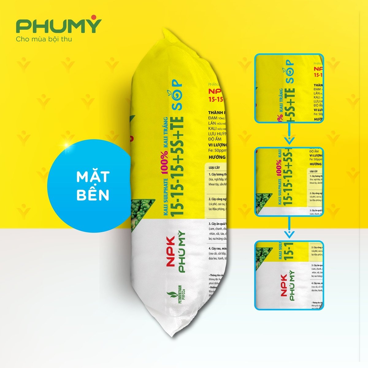 Mặt ngang của sản phẩm phân bón NPK Phú Mỹ 15-15-15+5S+TE SOP. Ảnh: Đức Trung. Mặt ngang của sản phẩm phân bón NPK Phú Mỹ 15-15-15+5S+TE SOP. Ảnh: Đức Trung.