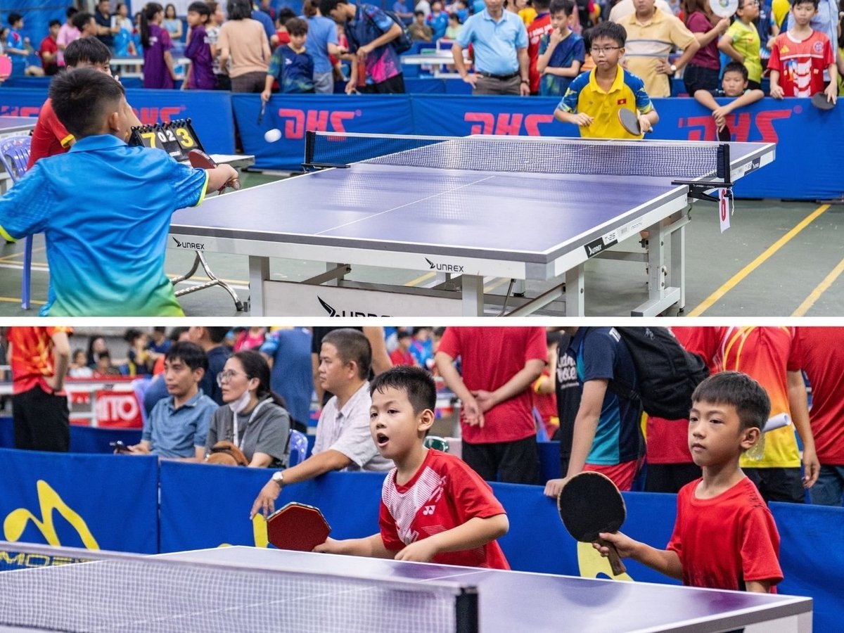 Các vận động viên thi đấu sôi nổi ở cả hai nội dung đơn nam và đôi nam, thi đấu đầy tập trung và kỹ thuật trước sự cổ vũ của đông đảo khán giả. Ảnh: Phạm Huy.