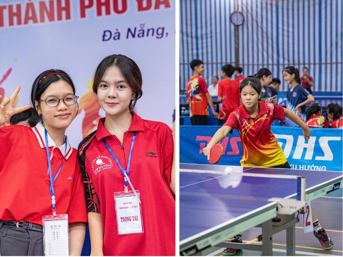 Lực lượng trọng tài trẻ và các vận động viên, đặc biệt là nữ, tham gia sôi nổi tại Giải Bóng bàn Thanh, Thiếu niên, Nhi đồng TP Đà Nẵng mở rộng năm 2025. Ảnh: Phạm Huy.