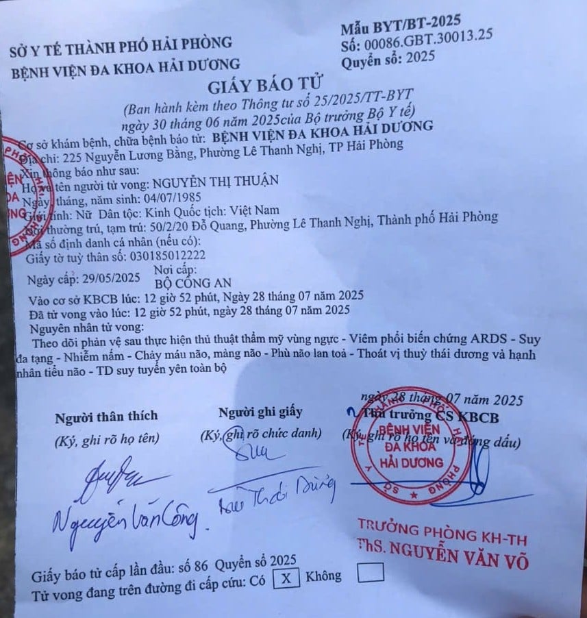 Giấy báo tử tại Bệnh viện Đa khoa Hải Dương. 