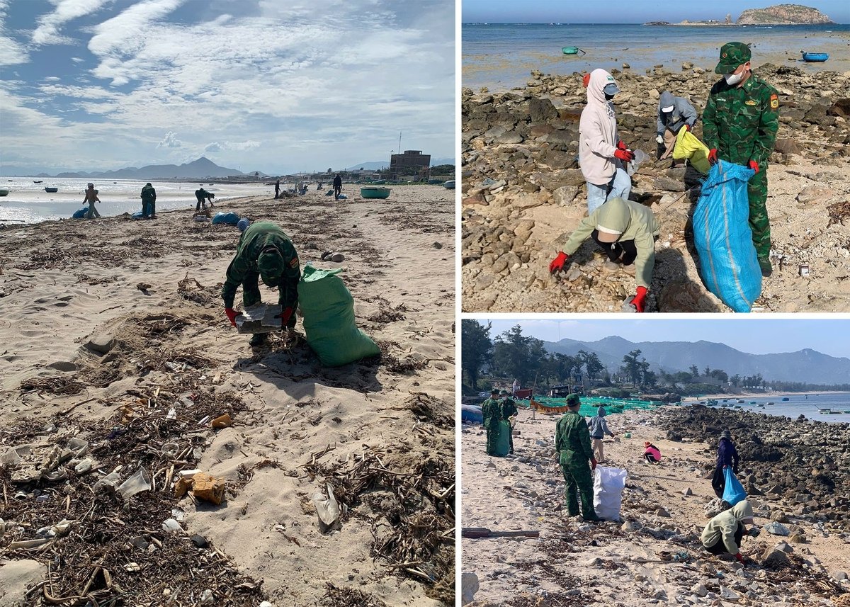 Các chiến sĩ thuộc Đồn Biên phòng đang đóng tại địa phương cũng tham gia thu gom rác thải cùng CLB thanh niên xanh. Ảnh: PC. Các chiến sĩ thuộc Đồn Biên phòng đang đóng tại địa phương cũng tham gia thu gom rác thải cùng CLB thanh niên xanh. Ảnh: PC.